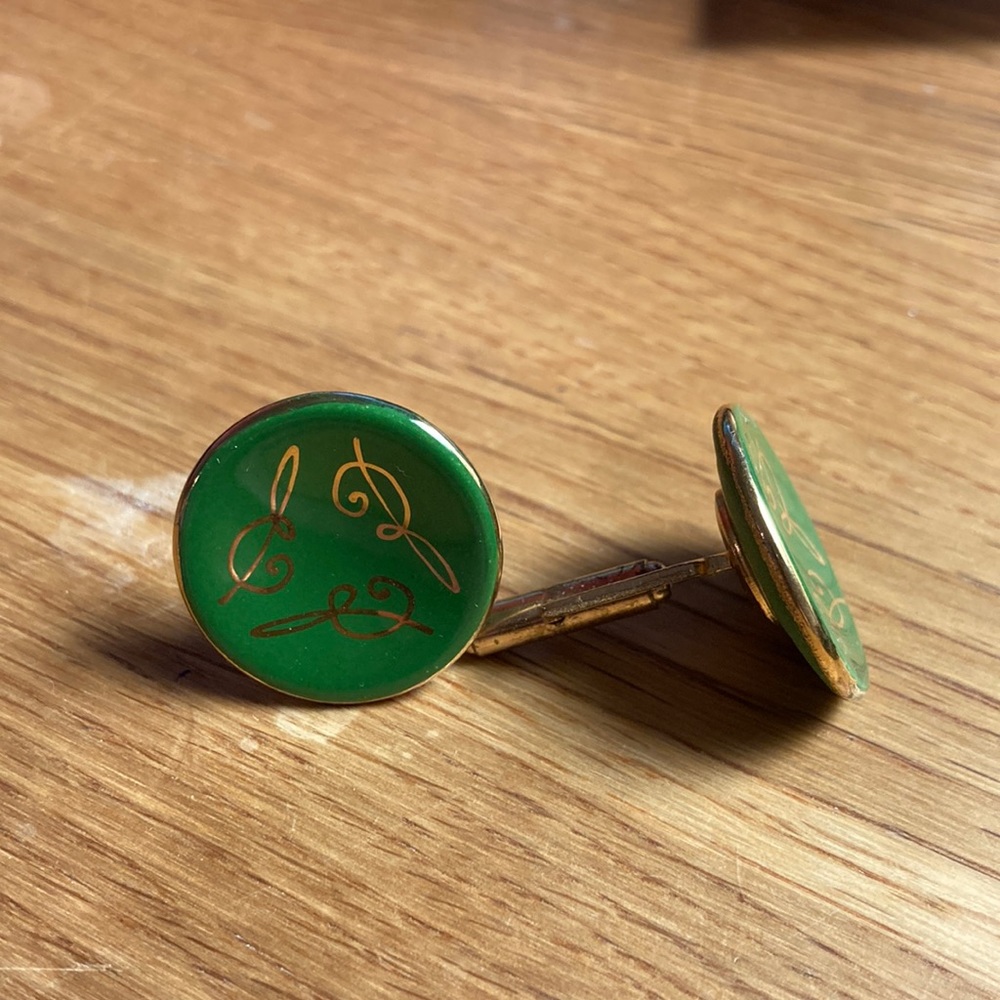 Vintage green and gold cufflinks with E monogram
